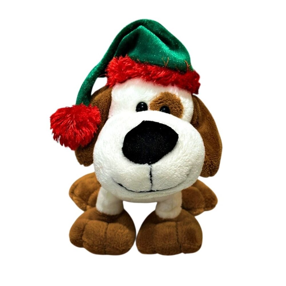 Vintage Walmart Christmas Puppy Dog Plush in Santa Hat 7 Inch Stuffed Animal Toy